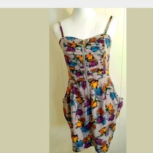 YA Los Angeles Dress Large Gray Purple Floral Spaghetti Straps Zip Front Pockets
